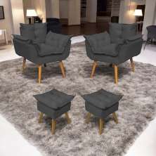 Kit 2 Poltronas Decorativa Para Sala Recepção Manicure e 2 Puffs Para Quarto Penteadeira Alice Suede Preto