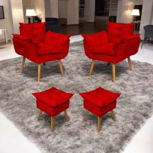 Kit 2 Poltronas Decorativa Para Sala Recepção Manicure e 2 Puffs Para Quarto Penteadeira Alice Suede Vermelho