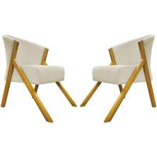 Kit 2 Poltronas Decorativa Para Sala Recepção You Suede Bege Braça Amadeirada