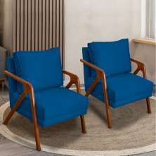 Kit 2 Poltronas Decorativas Confortáveis Para Sala Shine Suede Azul Marinho Pé Castanho - Clique E Decore