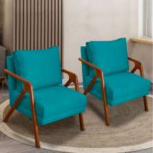 Kit 2 Poltronas Decorativas Confortáveis Para Sala Shine Suede Azul Turquesa Pé Castanho - Clique E Decore