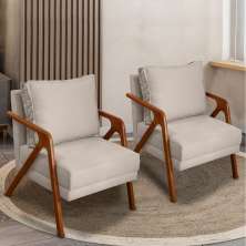 Kit 2 Poltronas Decorativas Confortáveis Para Sala Shine Suede Bege Pé Castanho - Clique E Decore