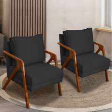 Kit 2 Poltronas Decorativas Confortáveis Para Sala Shine Suede Preto Pé Castanho - Clique E Decore