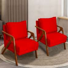 Kit 2 Poltronas Decorativas Confortáveis Para Sala Shine Suede Vermelho Pé Castanho - Clique E Decore