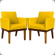Kit 2 Poltronas Decorativas Divine Base Reforçada De Madeira Suede Amarelo - Clique E Decore