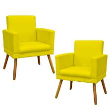 Kit 2 Poltronas Decorativas E Confortáveis Nina Com Base Suede Amarelo Pé Castanho - Clique E Decore