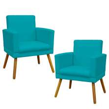 Kit 2 Poltronas Decorativas E Confortáveis Nina Com Base Suede Azul Turquesa Pé Castanho - Clique E Decore