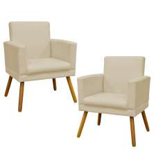 Kit 2 Poltronas Decorativas E Confortáveis Nina Com Base Suede Bege Pé Castanho - Clique E Decore