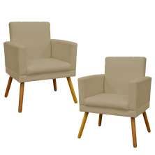 Kit 2 Poltronas Decorativas E Confortáveis Nina Com Base Suede Nude Pé Castanho - Clique E Decore