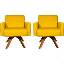 Kit 2 Poltronas Decorativas Hope Base Giratória Suede Amarelo Pé Castanho