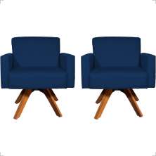 Kit 2 Poltronas Decorativas Hope Base Giratória Suede Azul Marinho Pé Castanho