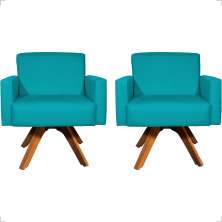 Kit 2 Poltronas Decorativas Hope Base Giratória Suede Azul Turquesa Pé Castanho