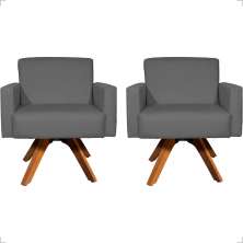 Kit 2 Poltronas Decorativas Hope Base Giratória Suede Cinza Pé Castanho