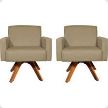 Kit 2 Poltronas Decorativas Hope Base Giratória Suede Nude Pé Castanho