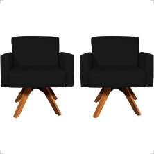Kit 2 Poltronas Decorativas Hope Base Giratória Suede Preto Pé Castanho