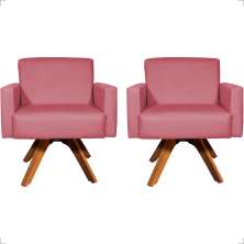 Kit 2 Poltronas Decorativas Hope Base Giratória Suede Rosê Pé Castanho