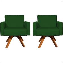 Kit 2 Poltronas Decorativas Hope Base Giratória Suede Verde Pé Castanho