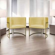 Kit 2 Poltronas Decorativas Luna Para Sala de Estar Escritório Recepção Suede Amarelo Base de Ferro Champagne