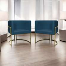Kit 2 Poltronas Decorativas Luna Para Sala de Estar Escritório Recepção Suede Azul Marinho Base de Ferro Champagne