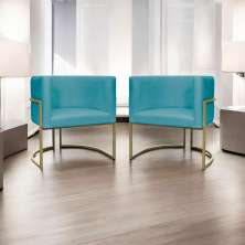 Kit 2 Poltronas Decorativas Luna Para Sala de Estar Escritório Recepção Suede Azul Turquesa Base de Ferro Champagne