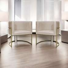 Kit 2 Poltronas Decorativas Luna Para Sala de Estar Escritório Recepção Suede Bege Base de Ferro Champagne