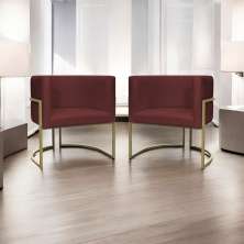 Kit 2 Poltronas Decorativas Luna Para Sala de Estar Escritório Recepção Suede Bordô Base de Ferro Champagne