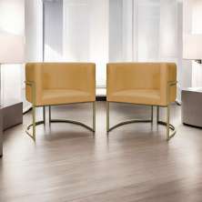 Kit 2 Poltronas Decorativas Luna Para Sala de Estar Escritório Recepção Suede Mostarda Base de Ferro Champagne