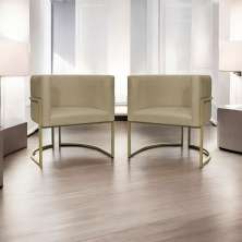 Kit 2 Poltronas Decorativas Luna Para Sala de Estar Escritório Recepção Suede Nude Base de Ferro Champagne