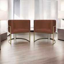 Kit 2 Poltronas Decorativas Luna Para Sala de Estar Escritório Recepção Suede Terracota Base de Ferro Champagne
