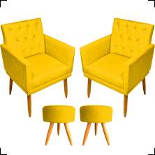 Kit 2 Poltronas Decorativas Nina Com Base E Capitonê + 2 Puff Redondo Suede Amarelo Pé Castanho - Clique E Decore