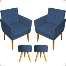 Kit 2 Poltronas Decorativas Nina Com Base E Capitonê + 2 Puff Redondo Suede Azul Marinho Pé Castanho - Clique E Decore