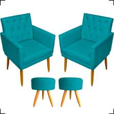 Kit 2 Poltronas Decorativas Nina Com Base E Capitonê + 2 Puff Redondo Suede Azul Turquesa Pé Castanho - Clique E Decore