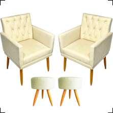 Kit 2 Poltronas Decorativas Nina Com Base E Capitonê + 2 Puff Redondo Suede Bege Pé Castanho - Clique E Decore