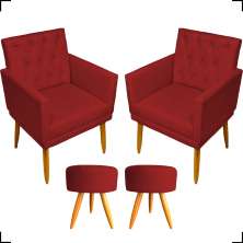 Kit 2 Poltronas Decorativas Nina Com Base E Capitonê + 2 Puff Redondo Suede Bordô Pé Castanho - Clique E Decore