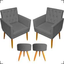 Kit 2 Poltronas Decorativas Nina Com Base E Capitonê + 2 Puff Redondo Suede Cinza Pé Castanho - Clique E Decore