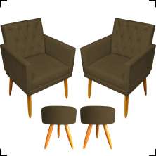 Kit 2 Poltronas Decorativas Nina Com Base E Capitonê + 2 Puff Redondo Suede Marrom Pé Castanho - Clique E Decore