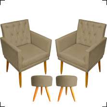 Kit 2 Poltronas Decorativas Nina Com Base E Capitonê + 2 Puff Redondo Suede Nude Pé Castanho - Clique E Decore