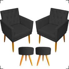 Kit 2 Poltronas Decorativas Nina Com Base E Capitonê + 2 Puff Redondo Suede Preto Pé Castanho - Clique E Decore