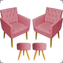 Kit 2 Poltronas Decorativas Nina Com Base E Capitonê + 2 Puff Redondo Suede Rosê Pé Castanho - Clique E Decore