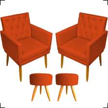 Kit 2 Poltronas Decorativas Nina Com Base E Capitonê + 2 Puff Redondo Suede Terracota Pé Castanho - Clique E Decore