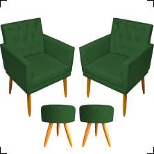 Kit 2 Poltronas Decorativas Nina Com Base E Capitonê + 2 Puff Redondo Suede Verde Pé Castanho - Clique E Decore