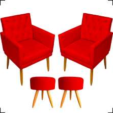 Kit 2 Poltronas Decorativas Nina Com Base E Capitonê + 2 Puff Redondo Suede Vermelho Pé Castanho - Clique E Decore