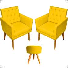 Kit 2 Poltronas Decorativas Nina Com Base E Capitonê + Puff Redondo Suede Amarelo Pé Castanho - Clique E Decore