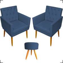 Kit 2 Poltronas Decorativas Nina Com Base E Capitonê + Puff Redondo Suede Azul Marinho Pé Castanho - Clique E Decore