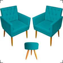Kit 2 Poltronas Decorativas Nina Com Base E Capitonê + Puff Redondo Suede Azul Turquesa Pé Castanho - Clique E Decore