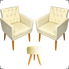 Kit 2 Poltronas Decorativas Nina Com Base E Capitonê + Puff Redondo Suede Bege Pé Castanho - Clique E Decore