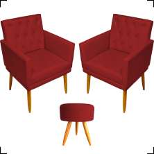 Kit 2 Poltronas Decorativas Nina Com Base E Capitonê + Puff Redondo Suede Bordô Pé Castanho - Clique E Decore