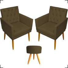 Kit 2 Poltronas Decorativas Nina Com Base E Capitonê + Puff Redondo Suede Marrom Pé Castanho - Clique E Decore