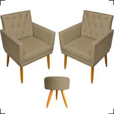 Kit 2 Poltronas Decorativas Nina Com Base E Capitonê + Puff Redondo Suede Nude Pé Castanho - Clique E Decore