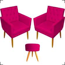 Kit 2 Poltronas Decorativas Nina Com Base E Capitonê + Puff Redondo Suede Pink Pé Castanho - Clique E Decore